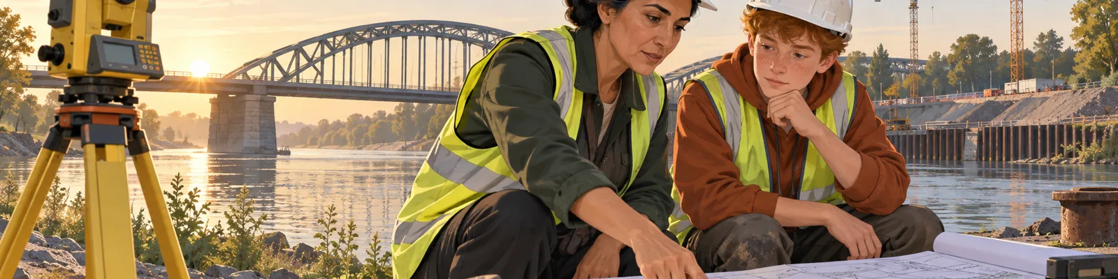 Eine Vermessungsfachfrau und ein jugendlicher Praktikant richten auf einer kleinen Baustelle ein Vermessungsgerät aus.