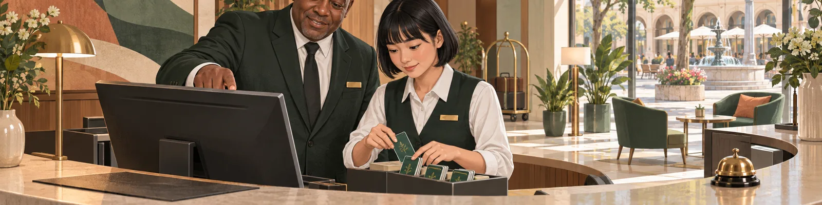 Ein Hotelmitarbeiter erklärt einer jugendlichen Praktikantin den Empfang in einer hellen Lobby.
