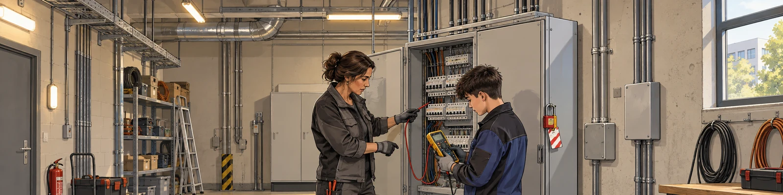 Eine Elektrikerin und ein jugendlicher Praktikant prüfen mit einem Messgerät einen gesicherten Schaltschrank.