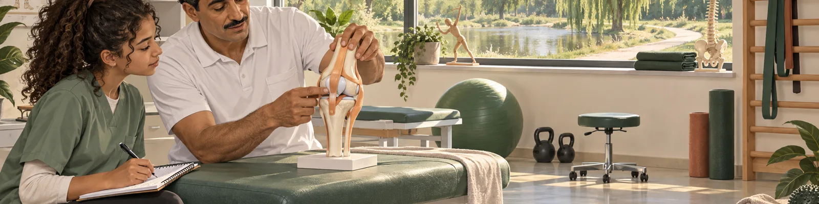 Ein Physiotherapeut erklärt einer jugendlichen Praktikantin ein anatomisches Modell in einem Behandlungsraum.