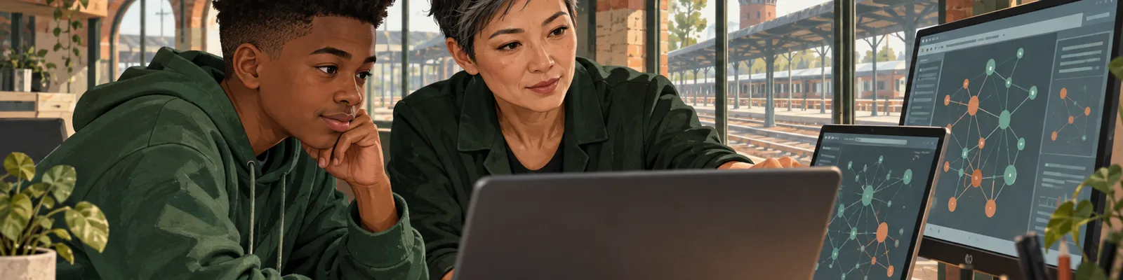 Eine IT-Fachfrau und ein jugendlicher Praktikant untersuchen Daten an einem Laptop im Bahnhofsatelier.