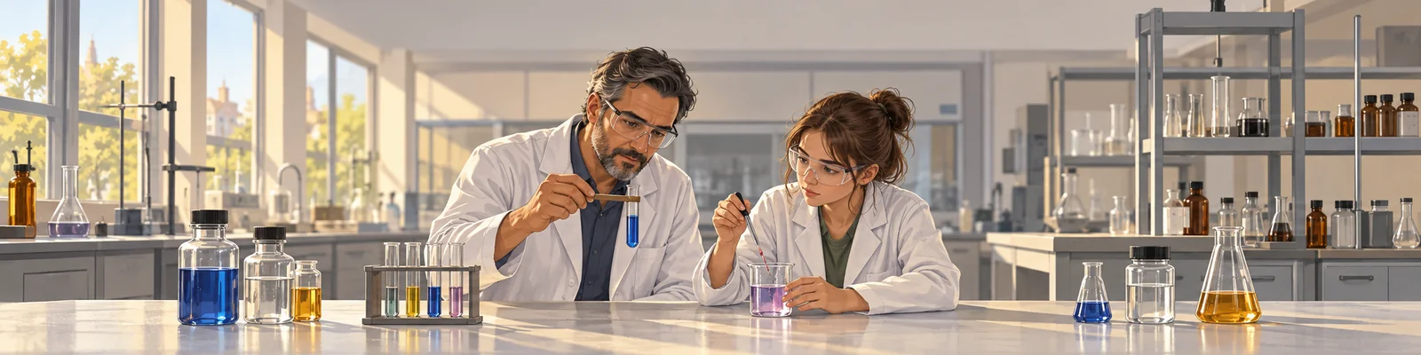 Ein Chemielaborant und eine jugendliche Praktikantin führen im Labor eine ungefährliche Farbanalyse durch.