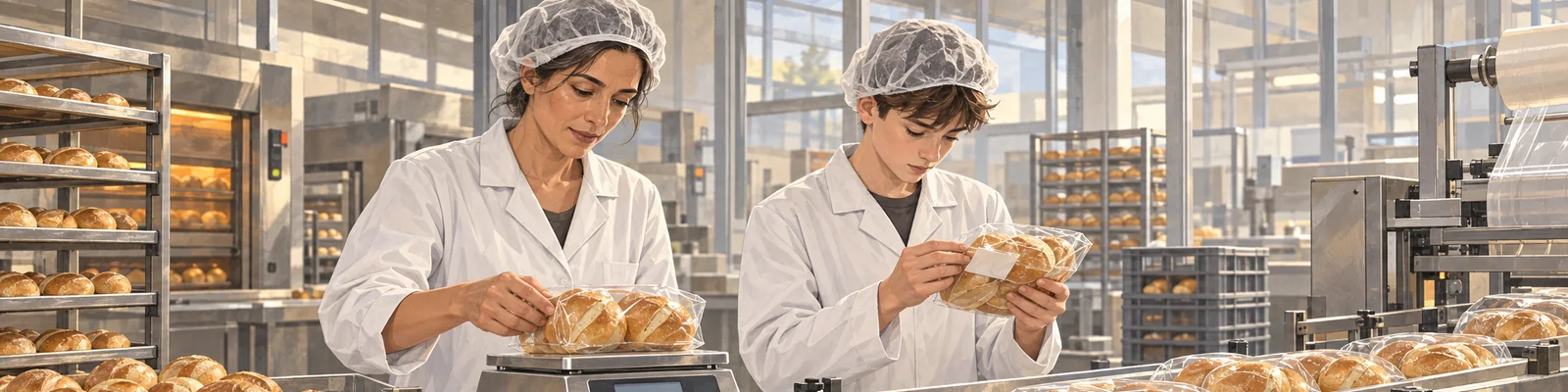 Eine Produktionsfachfrau und ein jugendlicher Praktikant kontrollieren verpackte Brötchen am Förderband.