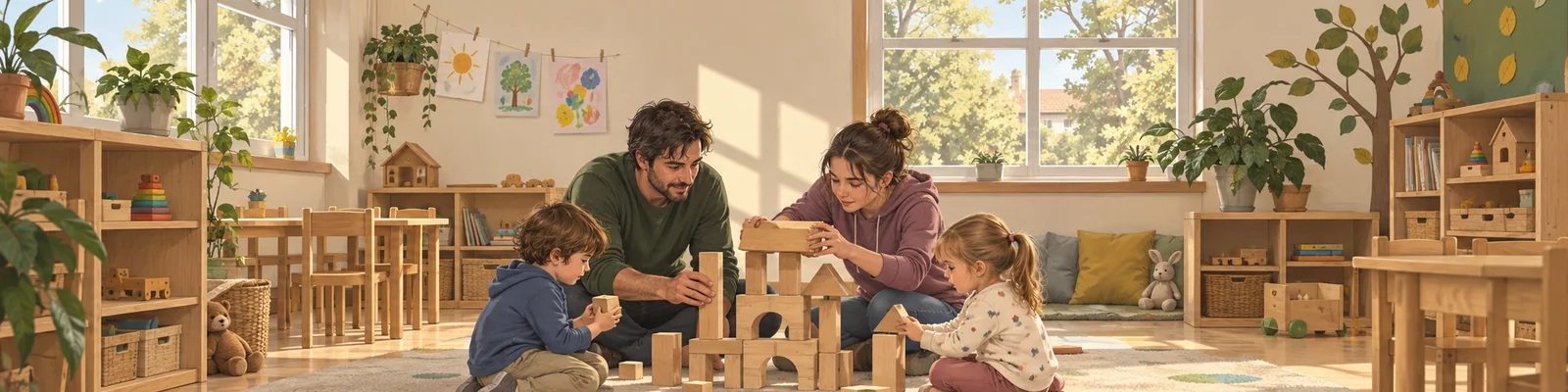 Ein Erzieher und eine jugendliche Praktikantin bauen im Kindergarten gemeinsam mit zwei Kindern Holzklötze auf.